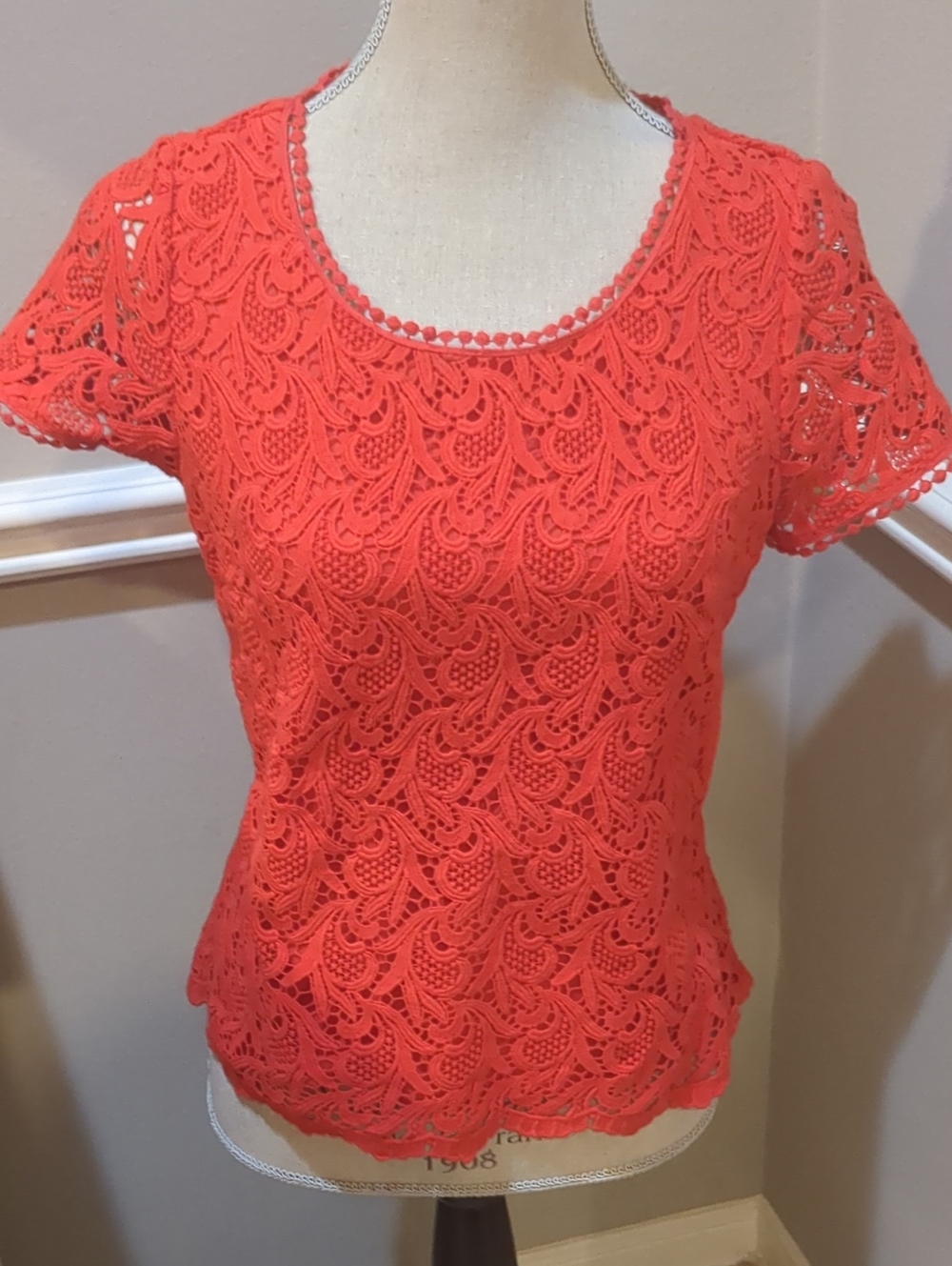 Talbots Petites Women’s Short Sleeve Crochet Lace Top - Coral
